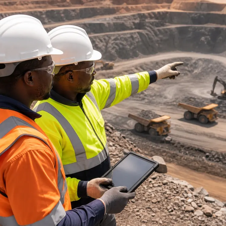 Mine engineers and operations team reviewing activity at an open-pit mine
